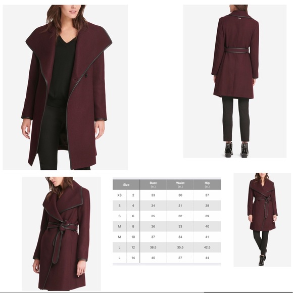 DKNY Faux-Leather-Trim Wrap Coat ๐งฅ in Bordeaux - Picture 11 of 17